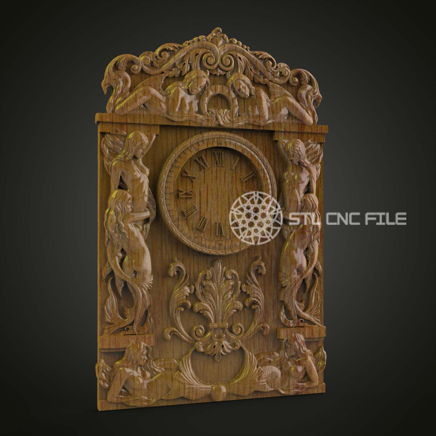 Baroque Mermaid Clock STL Model - CNC Engraving Files for Ornate Watch, Wood Art Artcam Aspire