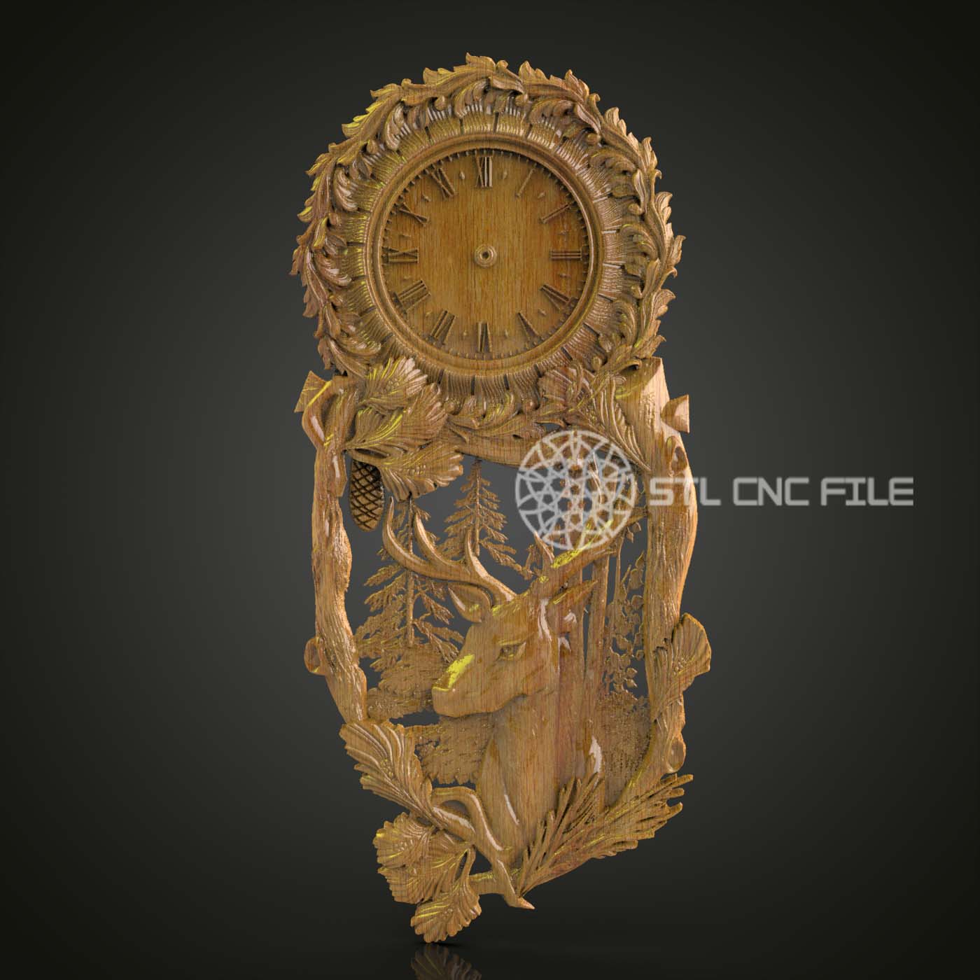 Forest-Themed Ornate Clock 3D Model for CNC Engraving