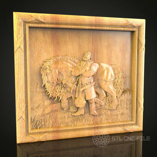 Viking Warrior and Horse 3D Relief STL File for CNC, Norse Mythology Wood Wall Art