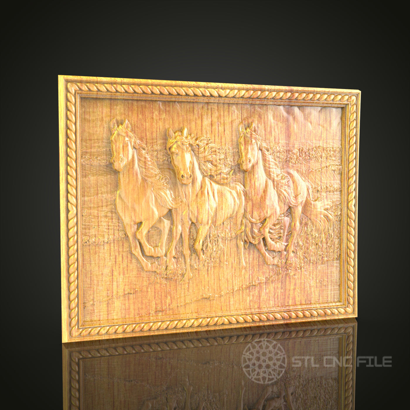 Gallop in the Wild 3D Relief STL File for CNC, Trio of Horses Wood Wall Art