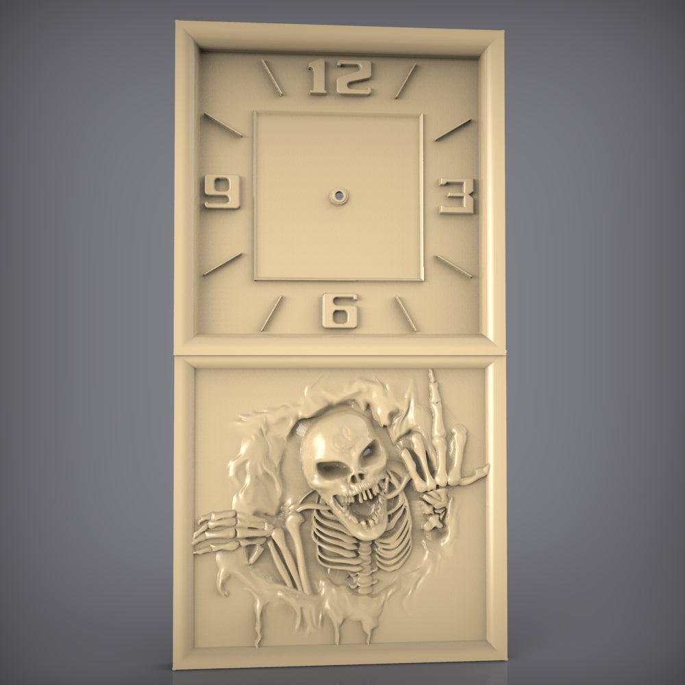 Horloge squelette gothique modèle STL pour gravure CNC, art du bois effrayant, décoration murale Halloween, fichiers CNC pour Artcam Aspire, pièce d'horlogerie unique