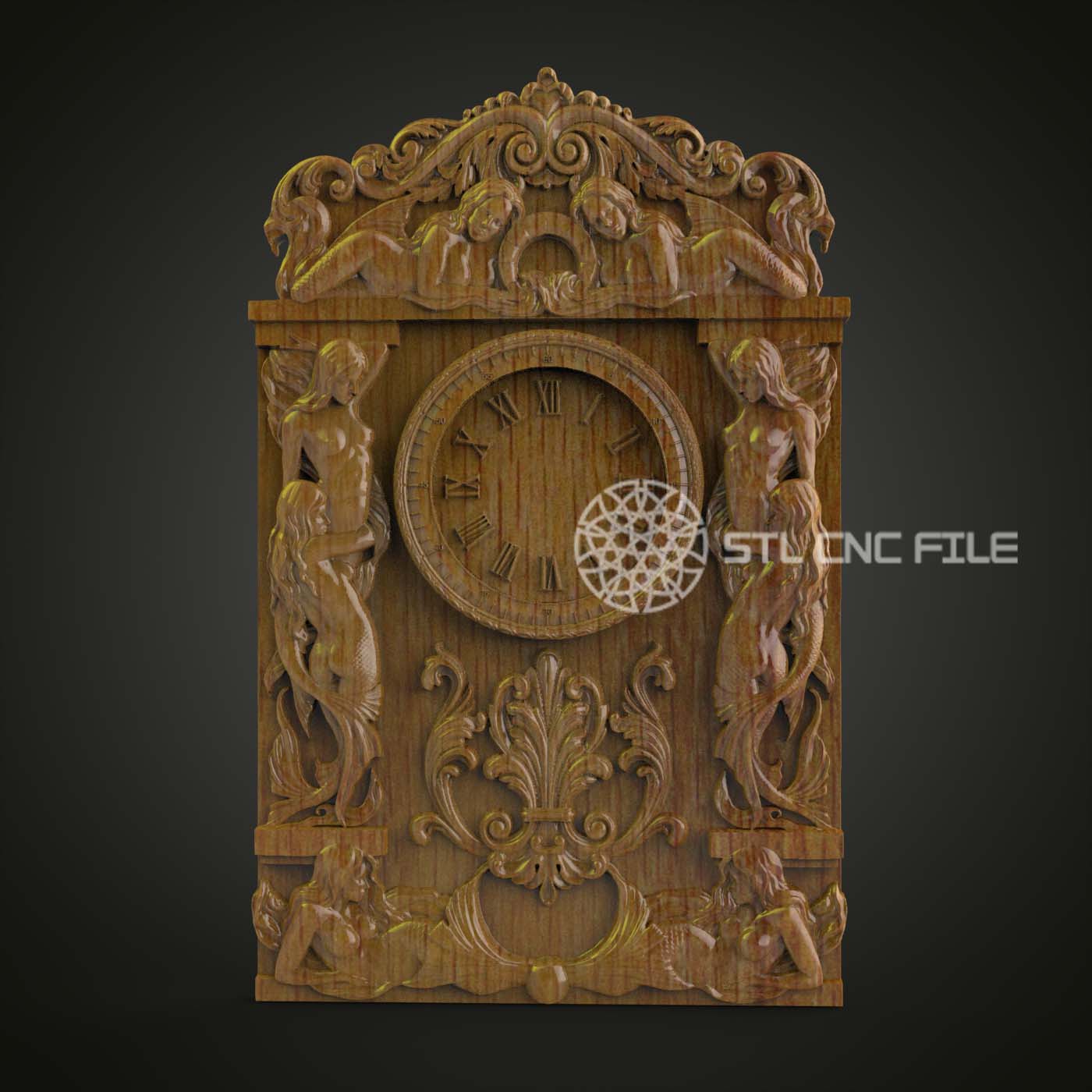 Baroque Mermaid Clock STL Model - CNC Engraving Files for Ornate Watch, Wood Art Artcam Aspire