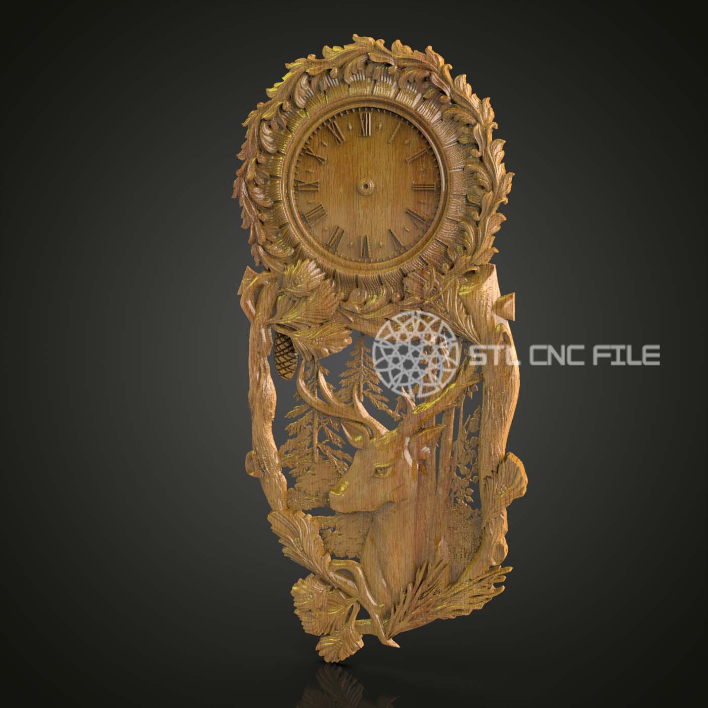 Forest-Themed Ornate Clock 3D Model for CNC Engraving