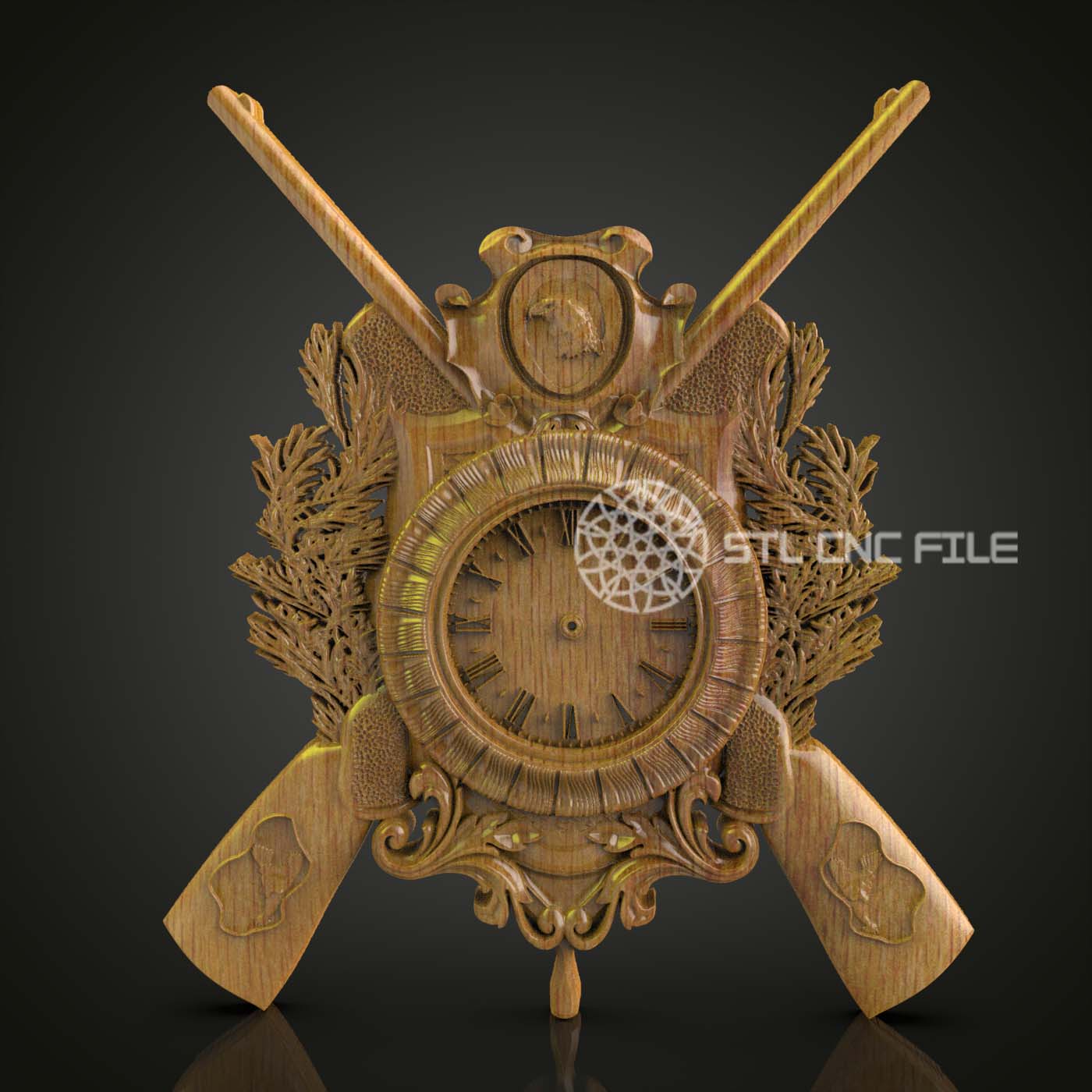 Ornamental Firearms and Leaf Clock STL Model for CNC Routing and Wood Art - Digital File for Artcam and Aspire