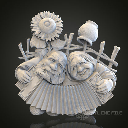 Melodic Moments - Elderly Couple with Accordion 3D CNC Engraved Wood Panel, Artcam Aspire STL Model for CNC Router, Musical Wall Art
