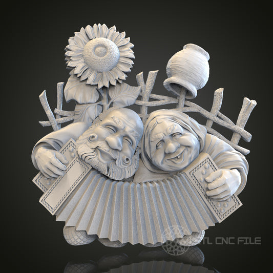 Melodic Moments - Elderly Couple with Accordion 3D CNC Engraved Wood Panel, Artcam Aspire STL Model for CNC Router, Musical Wall Art