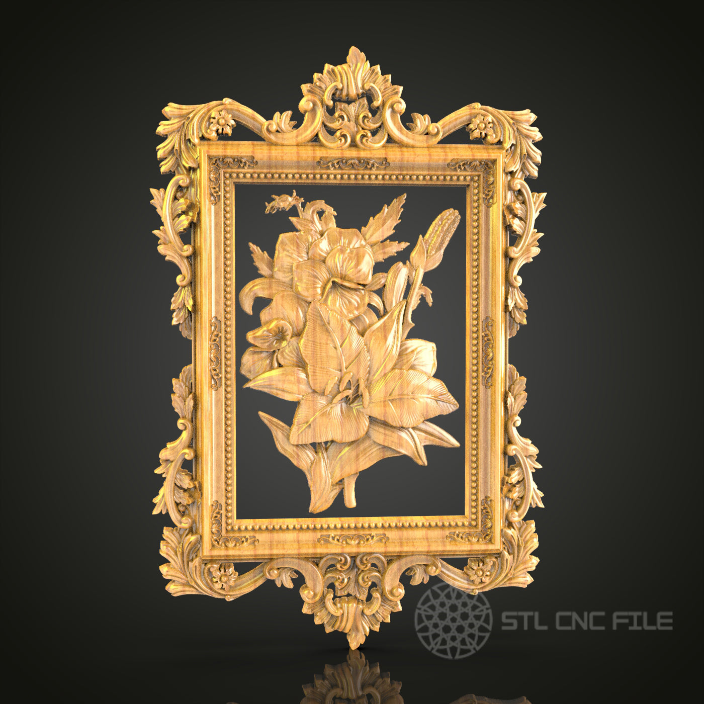 Elegant Floral Frame Relief STL Model for CNC Router - Artcam, Aspire Compatible, Decorative Wood Carving