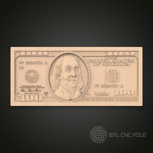100 Dollar Bill 3D CNC Router Engraver File, STL Model for Artcam Aspire, Wood Wall Decor