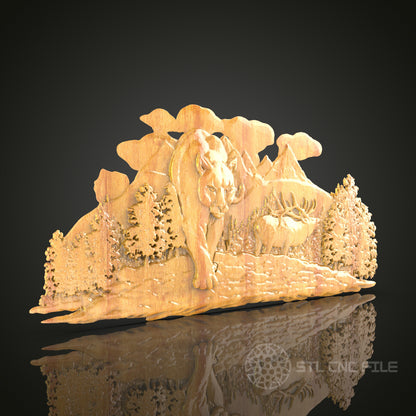 Mountain Lion Forest Scene 3D STL Model for CNC Router - Majestic Wood Wall Art, CNC Files for Artcam, Aspire