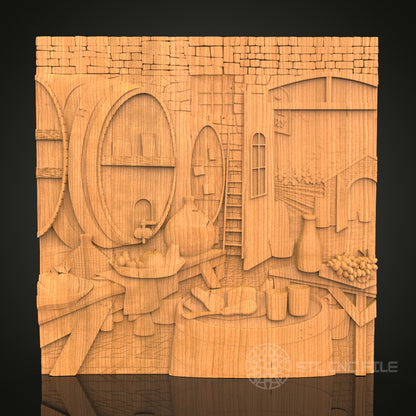Wine Cellar Scene STL File for CNC - Vintage Winery 3D Wood Carving Design