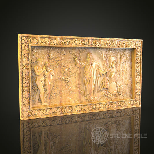 Adam and Eve Biblical Scene 3D Relief STL File for CNC, Religious Wood Wall Art
