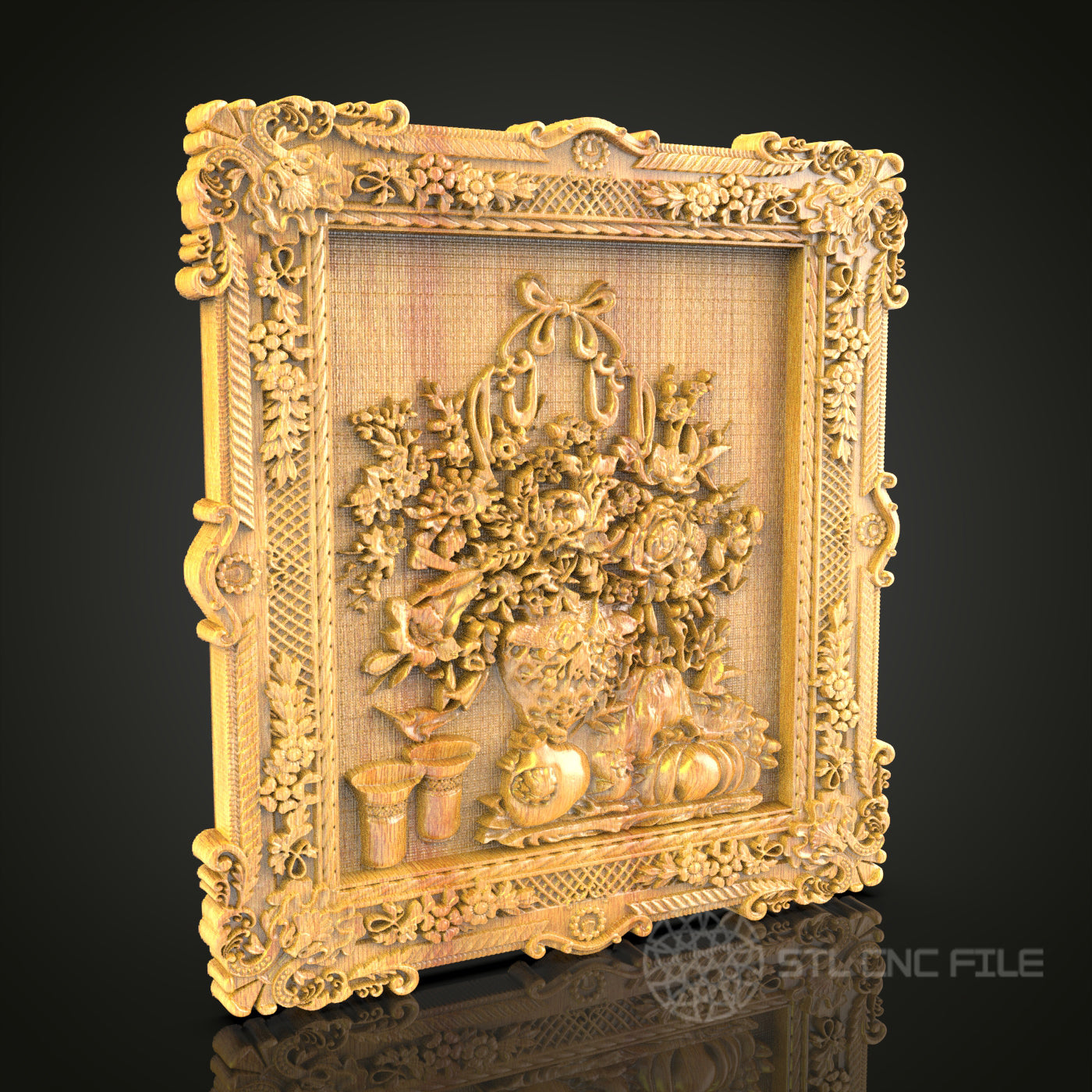 Baroque Still Life 3D Relief STL File for CNC, Ornate Classical Wood Wall Art