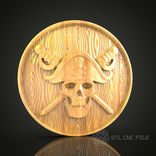 Pirate Skull Emblem 3D Relief Model for CNC – Nautical Adventure Theme, Wood Carving File