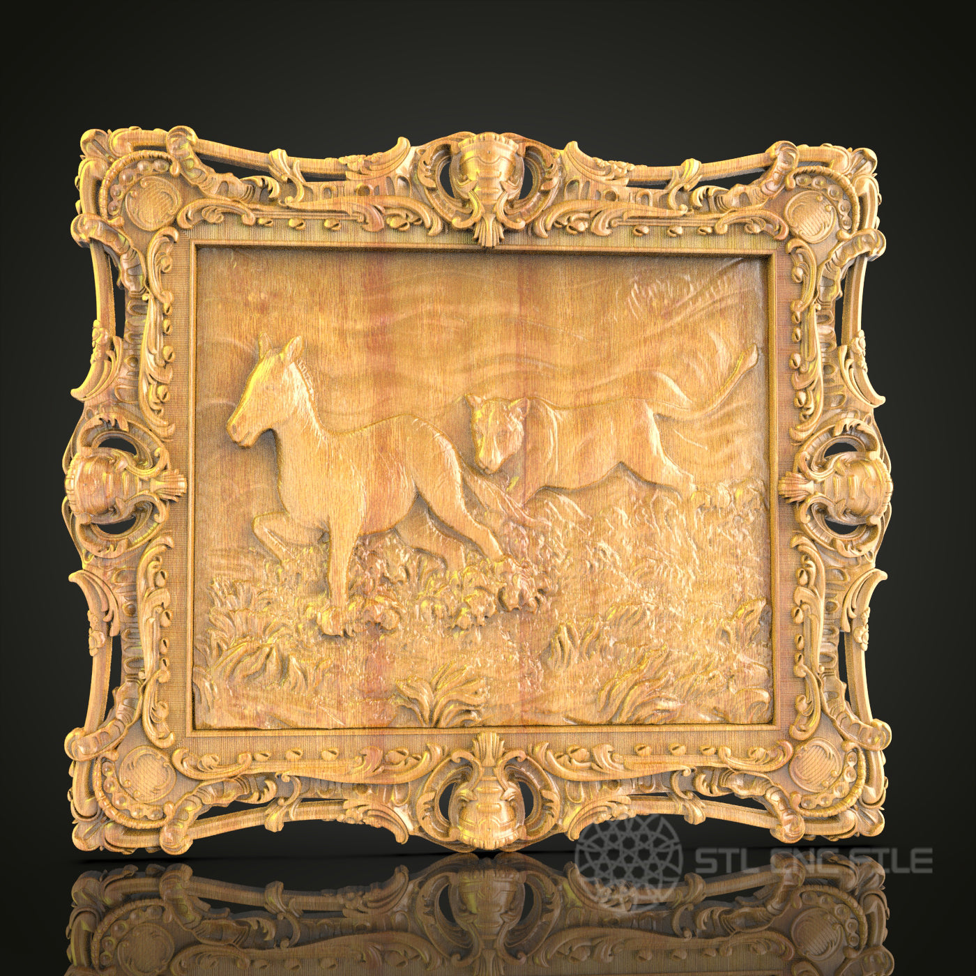 Running Horses 3D Relief STL File for CNC, Elegant Equine Wood Wall Art