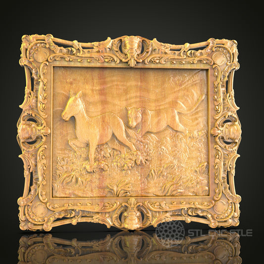 Running Horses 3D Relief STL File for CNC, Elegant Equine Wood Wall Art