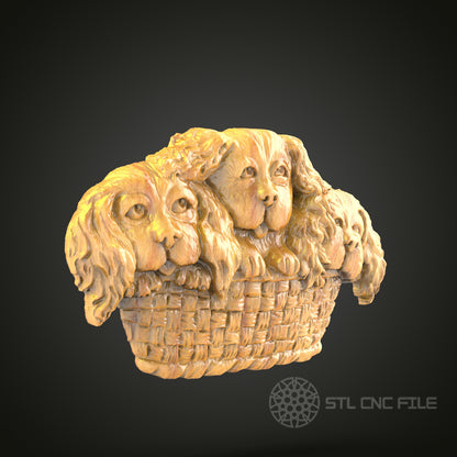 Three Cavalier King Charles Spaniels in Basket - 3D STL File for CNC Wood Carving, Pet Lovers Wall Art