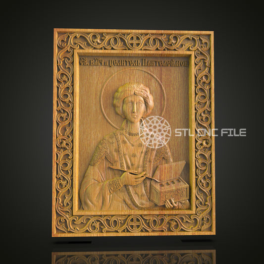 Saint Pantaleon CNC Engraved Panel - Orthodox Christian Art, Religious Wood Carving