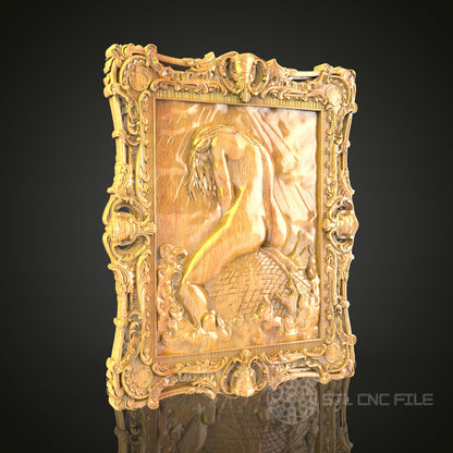 Mermaid Fantasy 3D Relief Model for CNC – Nautical Myth Art, Ornate Frame Wood Carving