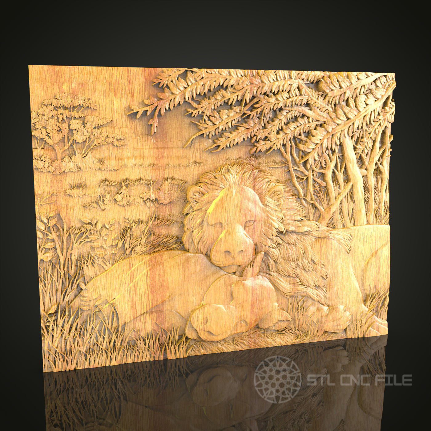 Resting Lion 3D Relief STL File for CNC, Serene Wildlife Wood Wall Art