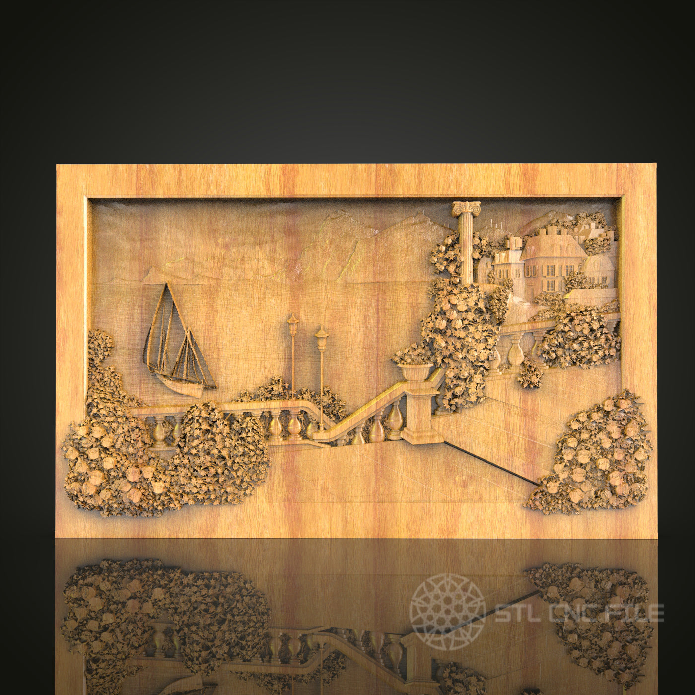 Lakeside Estate and Sailboat 3D Relief STL File for CNC, Scenic Wood Wall Art