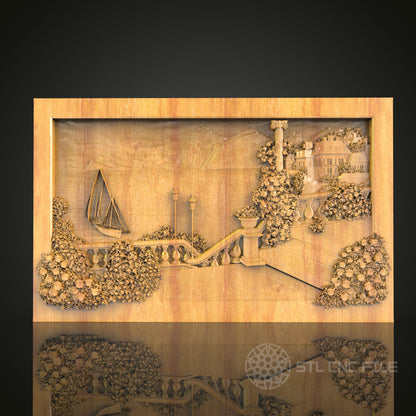 Lakeside Estate and Sailboat 3D Relief STL File for CNC, Scenic Wood Wall Art