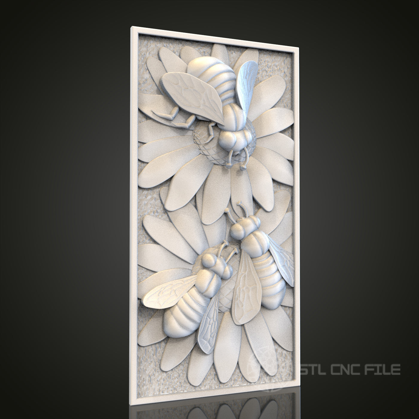 Bees on Flowers Relief STL Model for CNC Router Engraver, Artcam, Aspire, Wood, Wall Decor