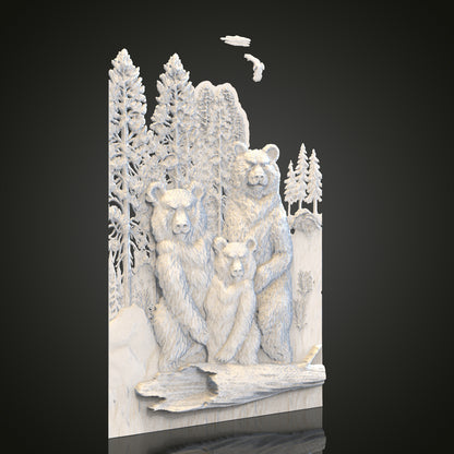Bear Family Forest Relief STL Model for CNC Router Engraver, Artcam, Aspire, Wood, Wall Decor