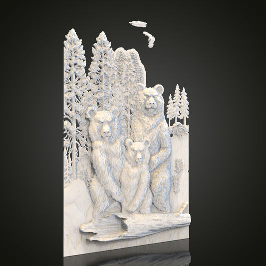 Bear Family Forest Relief STL Model for CNC Router Engraver, Artcam, Aspire, Wood, Wall Decor