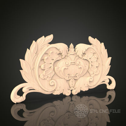 Ornate Crest STL File for CNC - Luxurious Foliage 3D Wood Carving Design