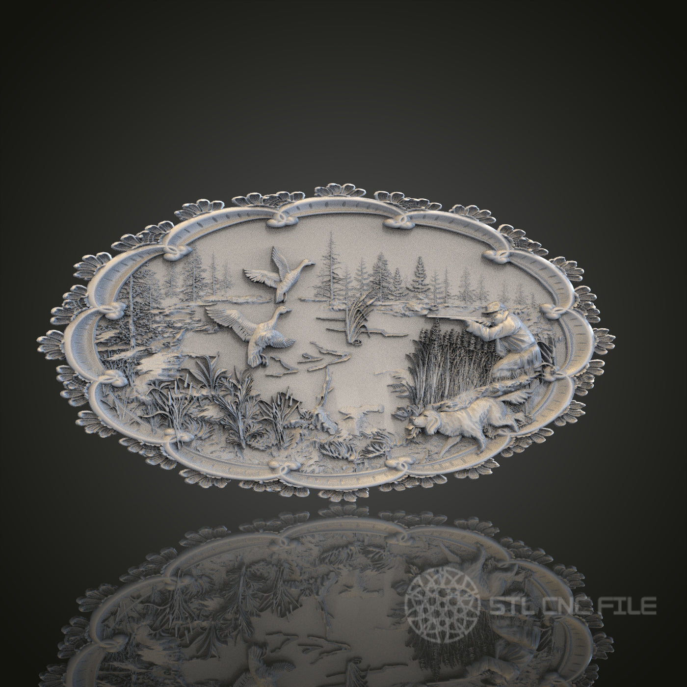 Exquisite Hunting Scene Oval Plaque STL Model for CNC Router Engraver, Artcam, Aspire, Wood Art Wall Decor