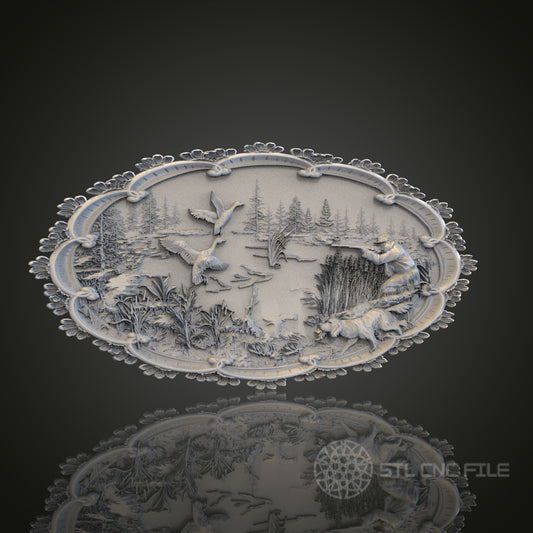 Exquisite Hunting Scene Oval Plaque STL Model for CNC Router Engraver, Artcam, Aspire, Wood Art Wall Decor