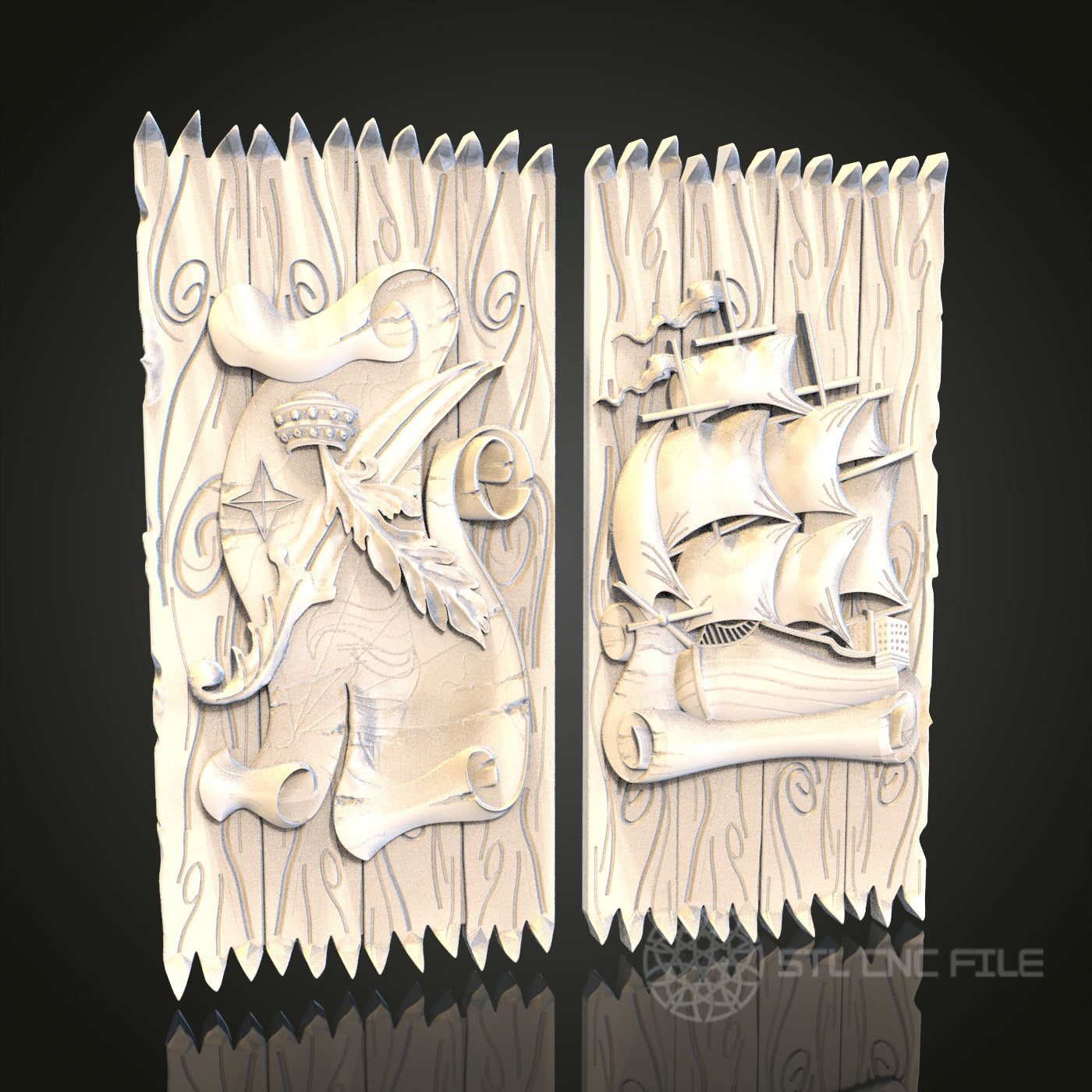 Dragon and Ship Panels 3D STL File, CNC and 3D Printer Model, Fantasy Art, Artcam Aspire, Themed Wall Decor