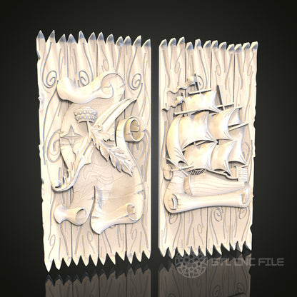 Dragon and Ship Panels 3D STL File, CNC and 3D Printer Model, Fantasy Art, Artcam Aspire, Themed Wall Decor