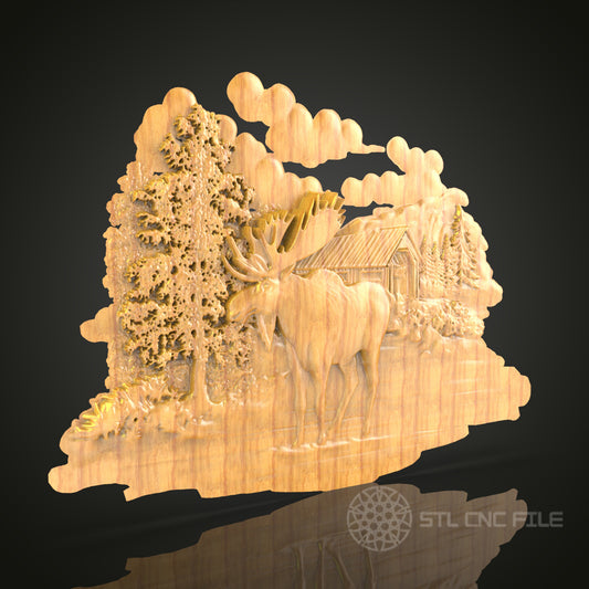 Rustic Forest and Moose 3D STL Model for CNC Carving - Woodland Scene, Wall Decor, CNC Files, Nature Art, Cabin Decor