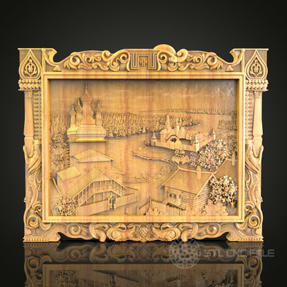 Rustic Village Landscape 3D Relief STL File for CNC, Detailed Architectural Wood Wall Art