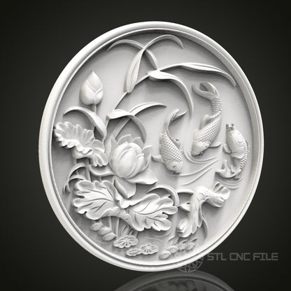 Koi Serenity - Round 3D CNC Engraved Wood Panel, Artcam Aspire STL Model for CNC Router, Tranquil Asian Art