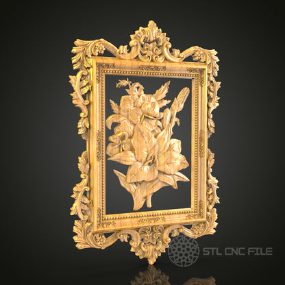 Elegant Floral Frame Relief STL Model for CNC Router - Artcam, Aspire Compatible, Decorative Wood Carving