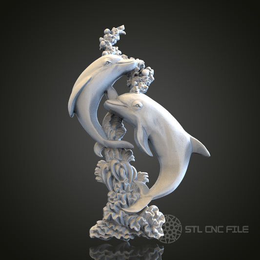 Joyful Dolphins Sculpture STL Model for CNC Router Engraver, Artcam, Aspire, Wood Art Wall Decor