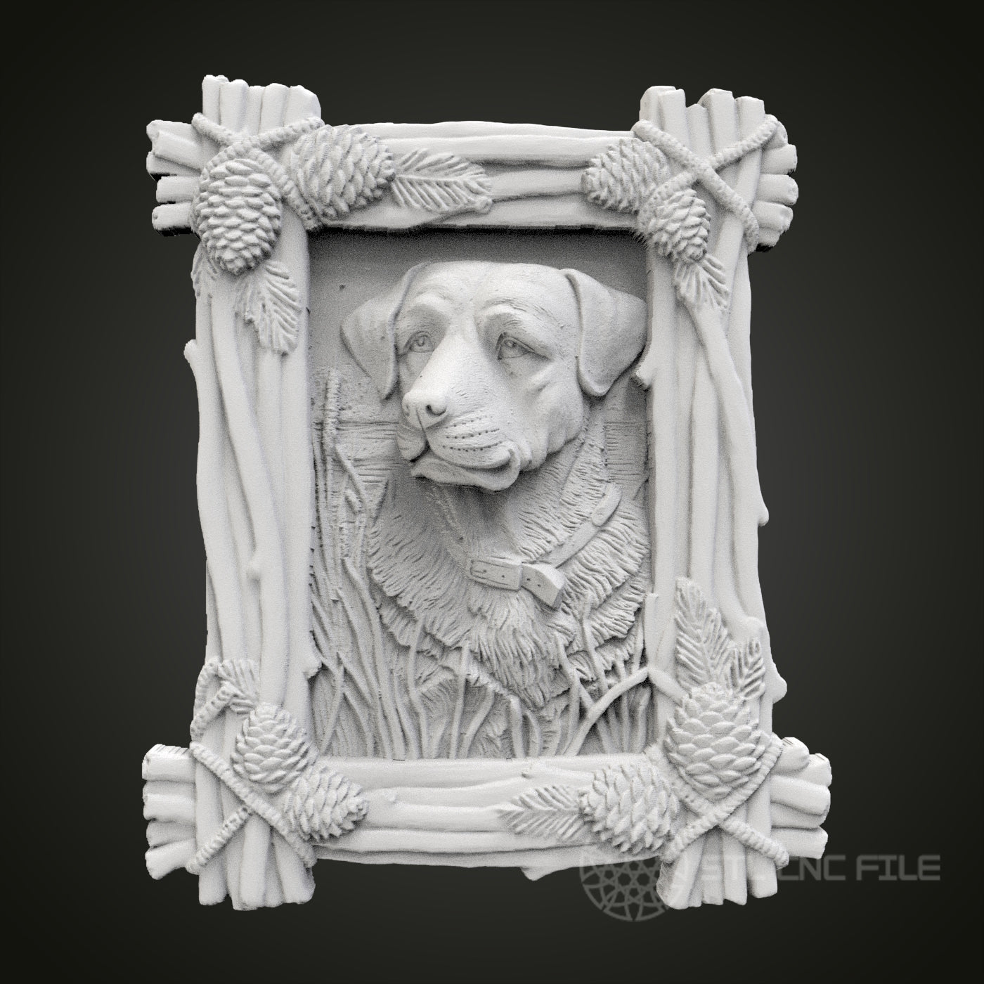 Charming Dog Portrait in Rustic Frame STL Model for CNC Router Engraver, Artcam, Aspire, Wood Art Wall Decor