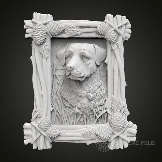 Charming Dog Portrait in Rustic Frame STL Model for CNC Router Engraver, Artcam, Aspire, Wood Art Wall Decor