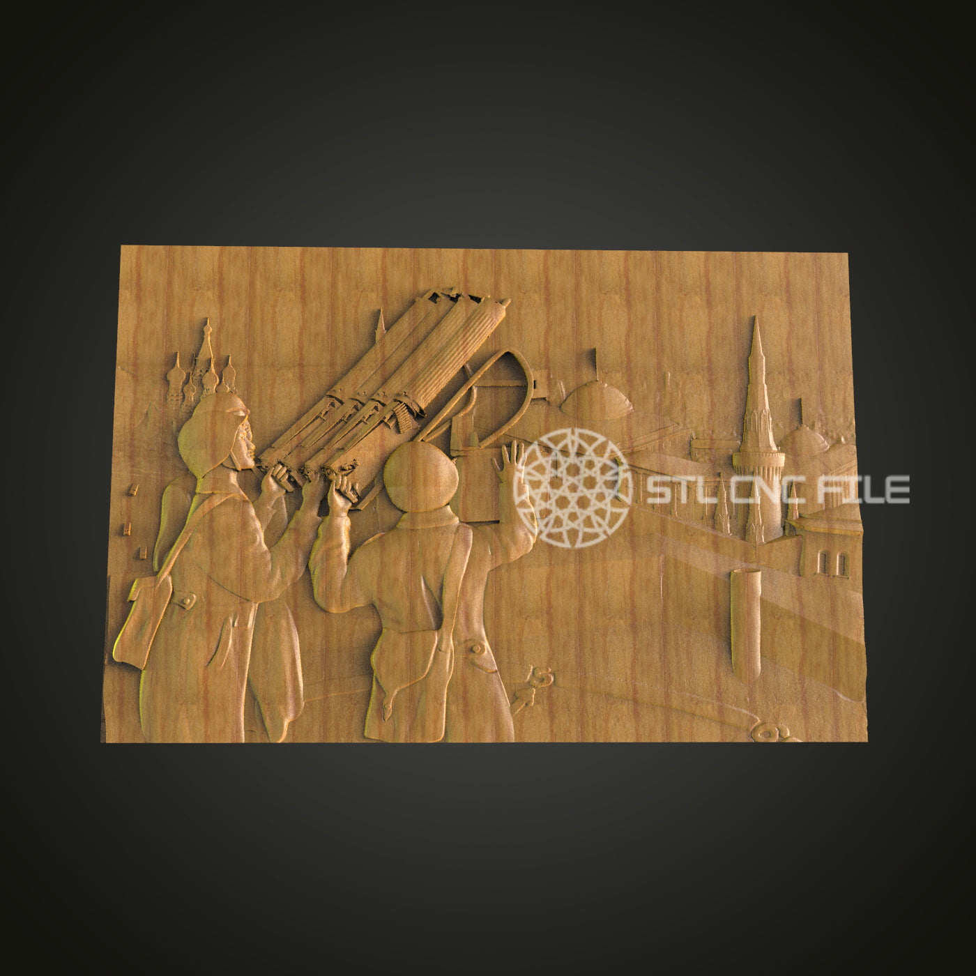 Cityscape Musicians CNC Router Engraved Wood Panel - Unique Wall Art for Music and Urban Art Lovers