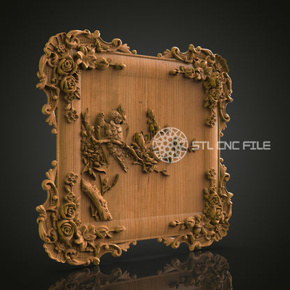 Elegant 3D Carved Bird and Floral Frame STL File for CNC and 3D Printing - Ornate Relief Art, Decorative Wall Decor, Digital Download