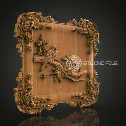 Intricate 3D Carved Bird on Branch Frame STL File for CNC and 3D Printing - Ornate Relief Art, Decorative Wall Decor, Digital Download