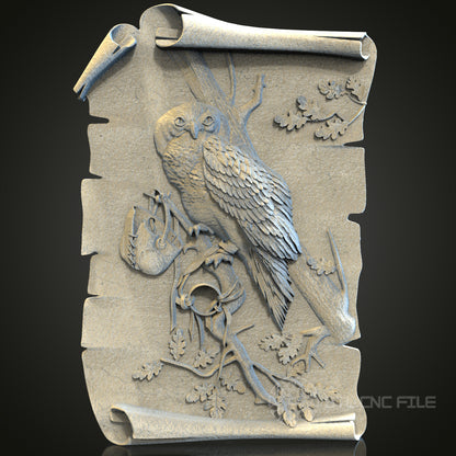 Ornate Owl on Scroll Relief STL Model for CNC and 3D Printing, Artcam, Aspire, Wall Decor