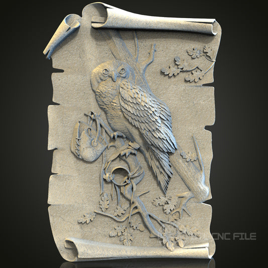 Ornate Owl on Scroll Relief STL Model for CNC and 3D Printing, Artcam, Aspire, Wall Decor