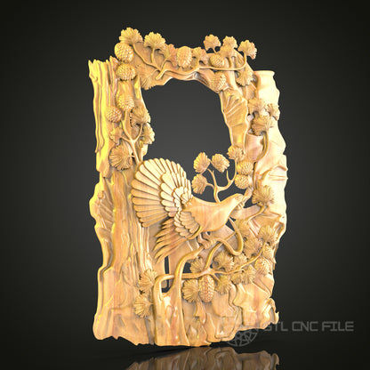Enchanted Garden Frame 3D Relief STL File for CNC, Floral Bird Wood Wall Art