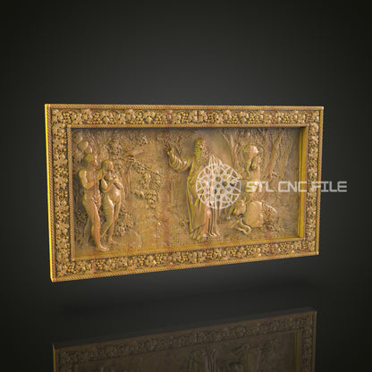 Biblical Adam and Eve CNC Engraved Panel - Sacred Story Artwork, Detailed Wood CarvingCopie)