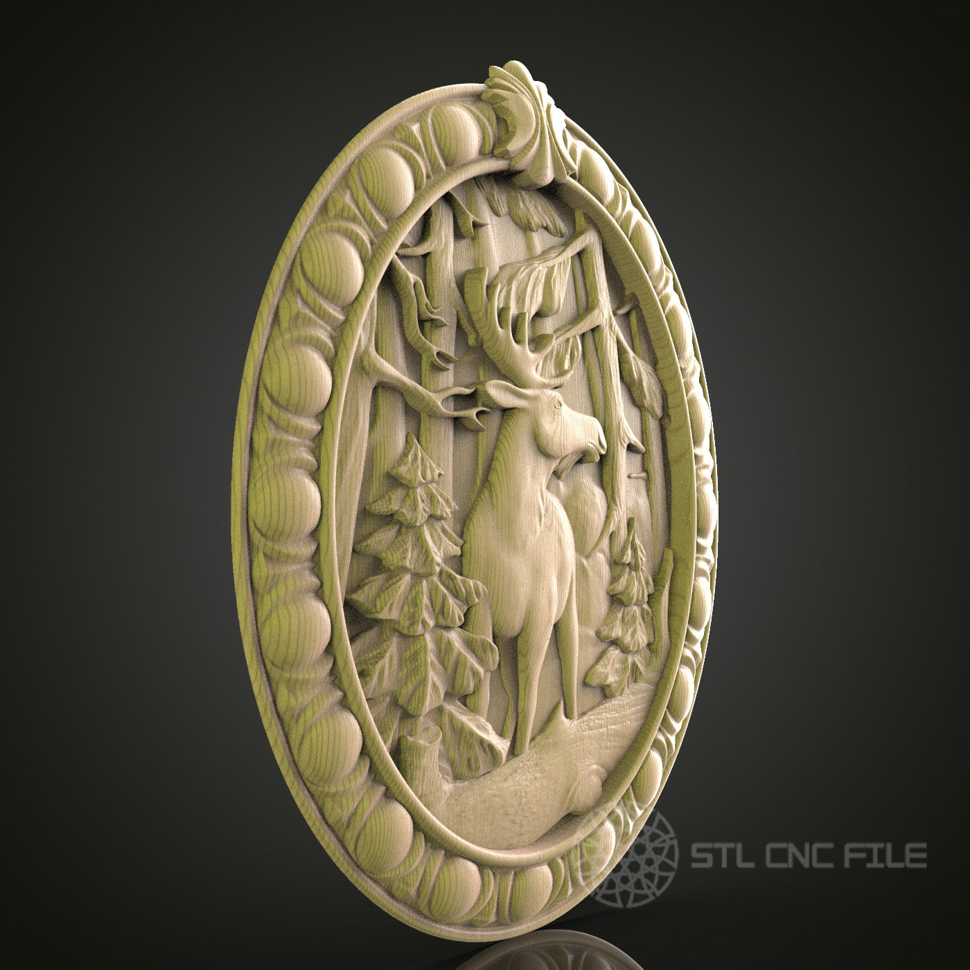 Deer in Forest Oval Relief STL Model for CNC Router, Aspire, Artcam, 3D Printer, Wall Decor, Wood Art