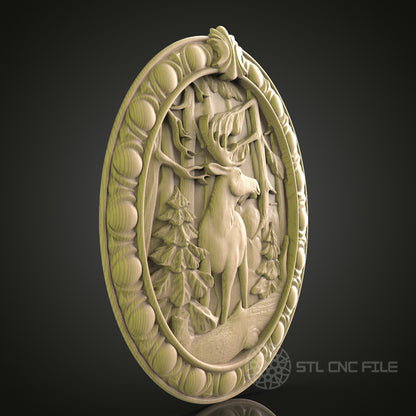Deer in Forest Oval Relief STL Model for CNC Router, Aspire, Artcam, 3D Printer, Wall Decor, Wood Art