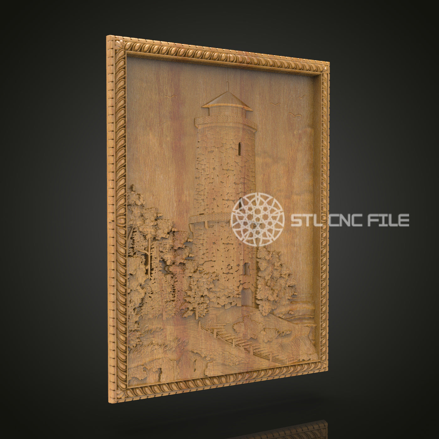 Engraved Castle Scenery Wall Art - Majestic CNC Wood Carving, Architectural STL Model